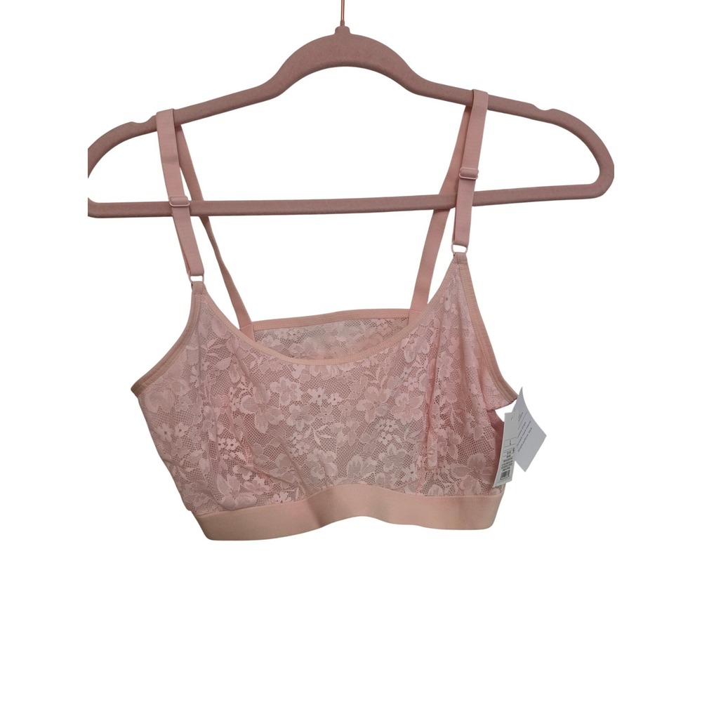 Lightly Lined Scoop Neck Bralette L Pink Floral Lace Adjustable Straps‎ NWT